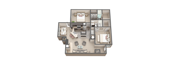 A 3D rendered image of a house layout.