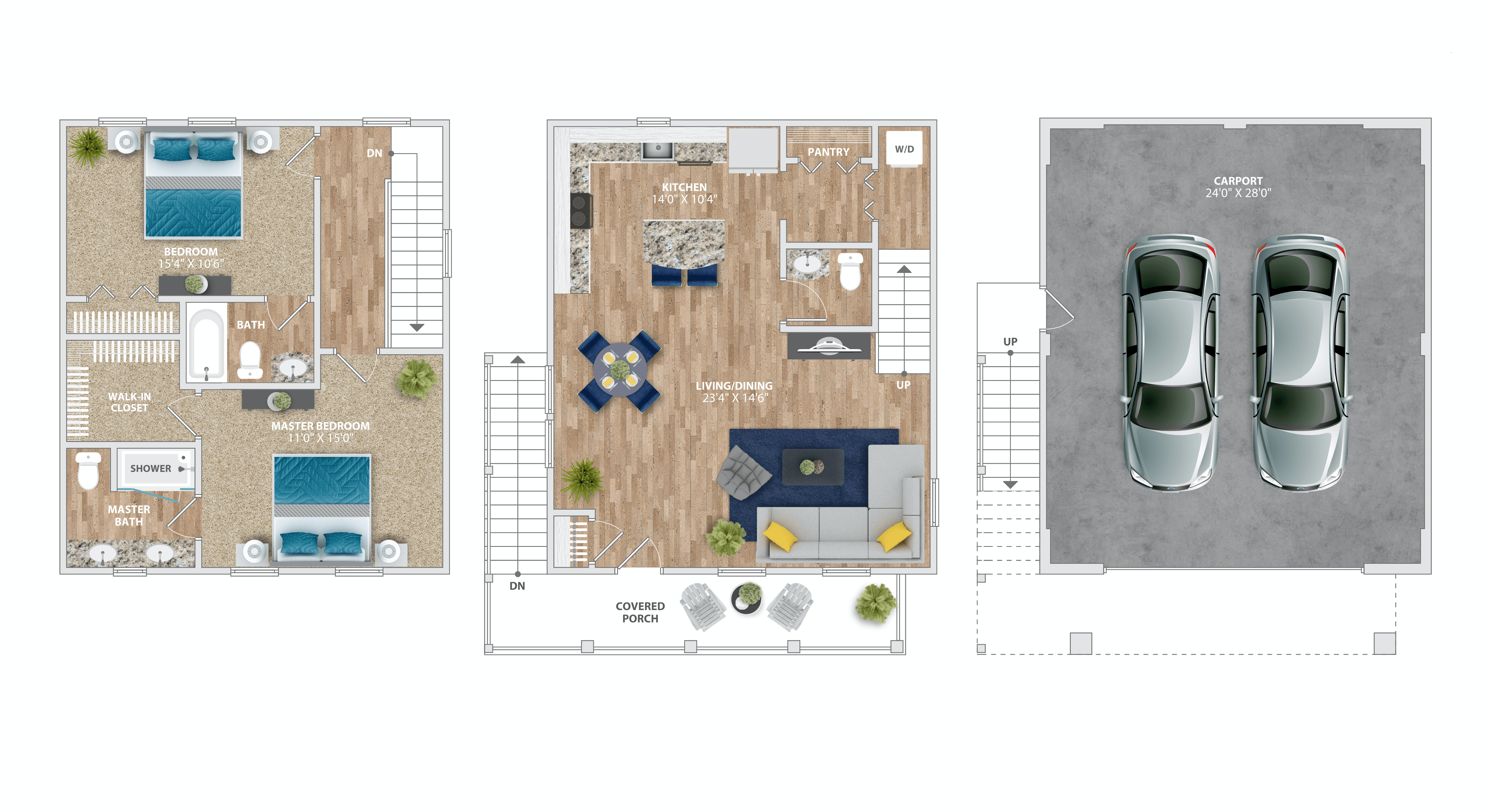 A floor plan of a house with a swimming pool and a parking area for two cars.