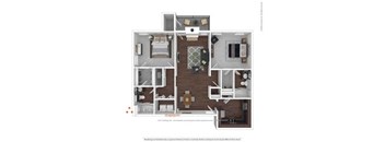 A floor plan of a house with a living room, dining room, kitchen, and two bedrooms.