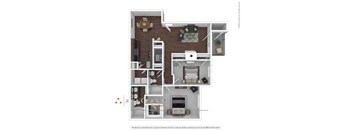 A detailed 3D floor plan of a residential apartment layout.