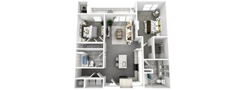 A top-down view of a modern apartment layout with a living room, kitchen, and bedrooms.