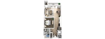 A top-down view of a small apartment with a living room, kitchen, and bathroom.