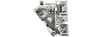 A top-down view of a modern apartment layout with a living room, kitchen, and bathroom.