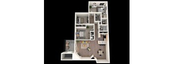 A 3D floor plan of a house with a kitchen, living room, and bedrooms.
