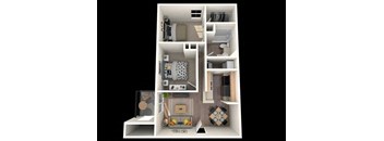 A 3D floor plan of a small apartment with a kitchen, living room, and bedroom.