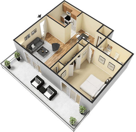 A 3D floor plan of a house with two bedrooms, a living room, a kitchen, and a bathroom.