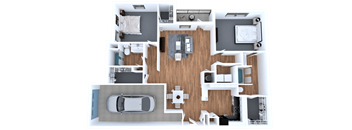 A top-down view of a house layout with a garage and a living room.