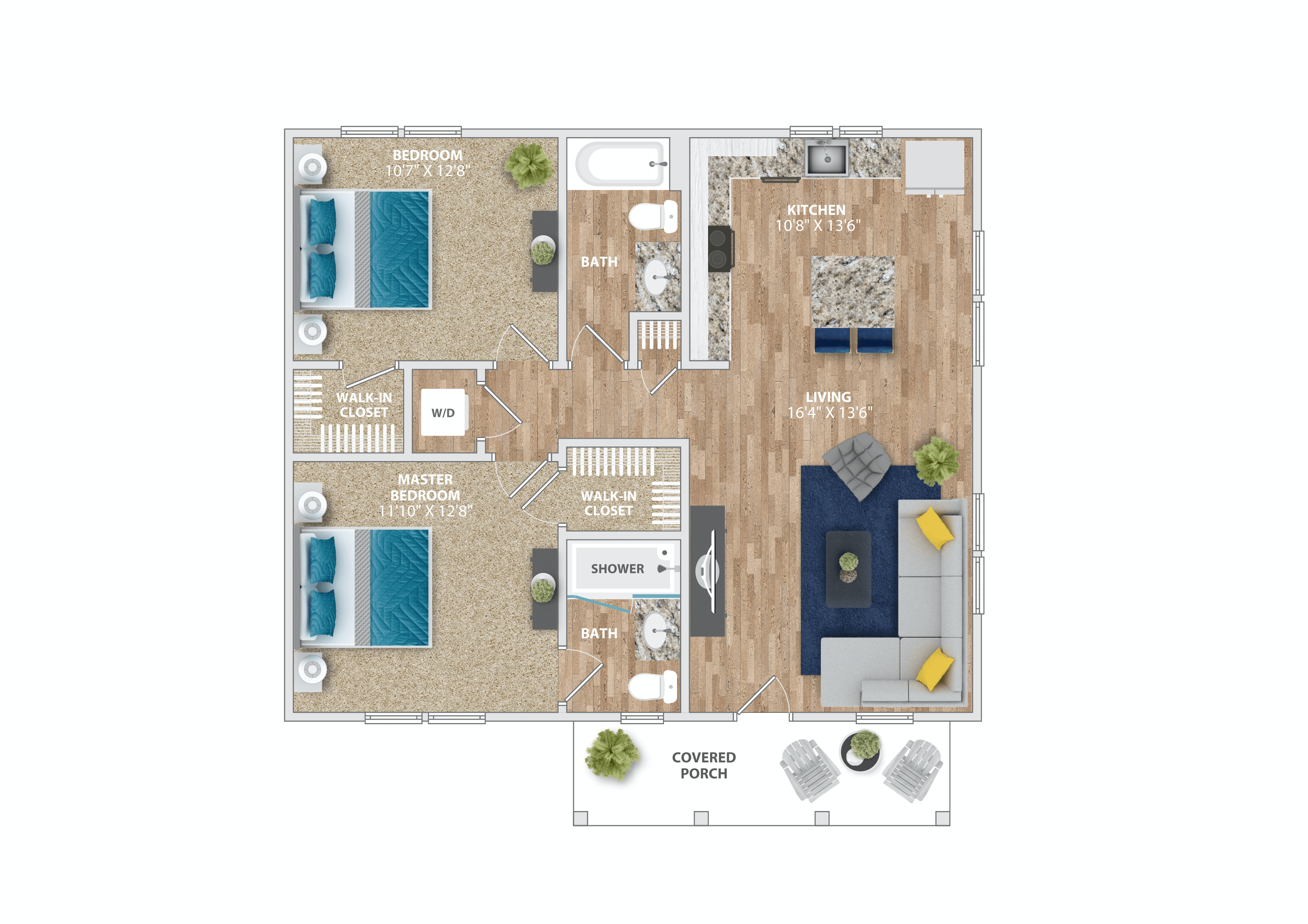 A floor plan of a house with a living room, kitchen, and two bathrooms.