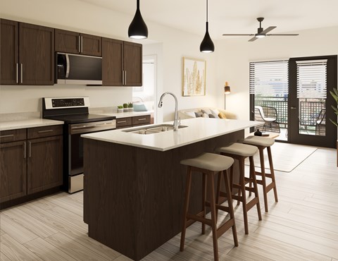 A kitchen with a white countertop and brown cabinets.