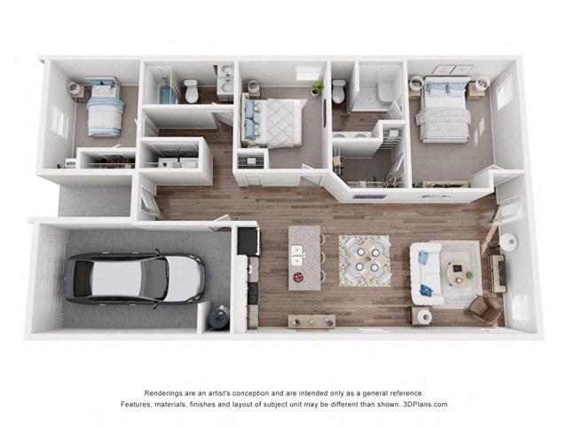 A 3D floor plan of a house with a kitchen, living room, and bathroom.