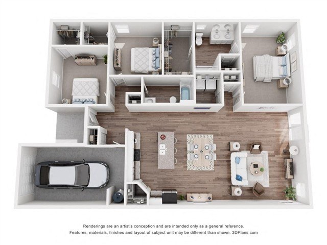 A 3D floor plan of a house with a kitchen, living room, and bedrooms.