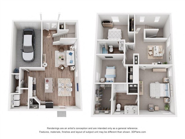 Two images of a small apartment layout with a kitchen, living room, and bathroom.