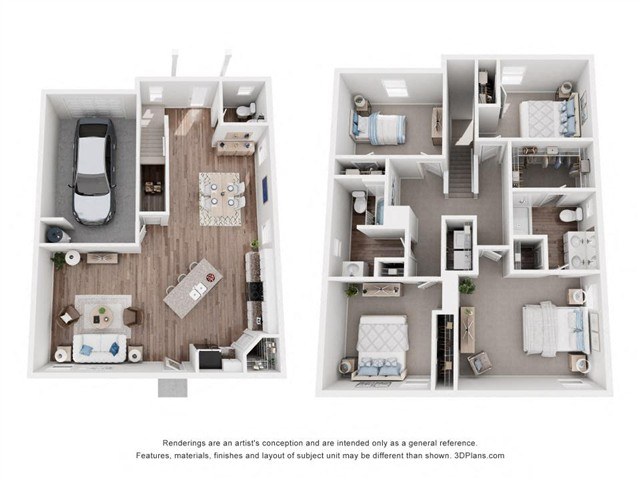 A 3D floor plan of a two-bedroom apartment with a garage.