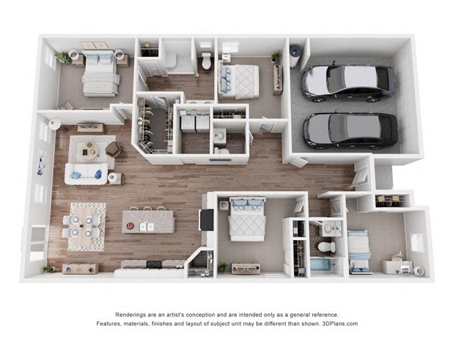 A 3D floor plan of a house with a kitchen, living room, and two bedrooms.