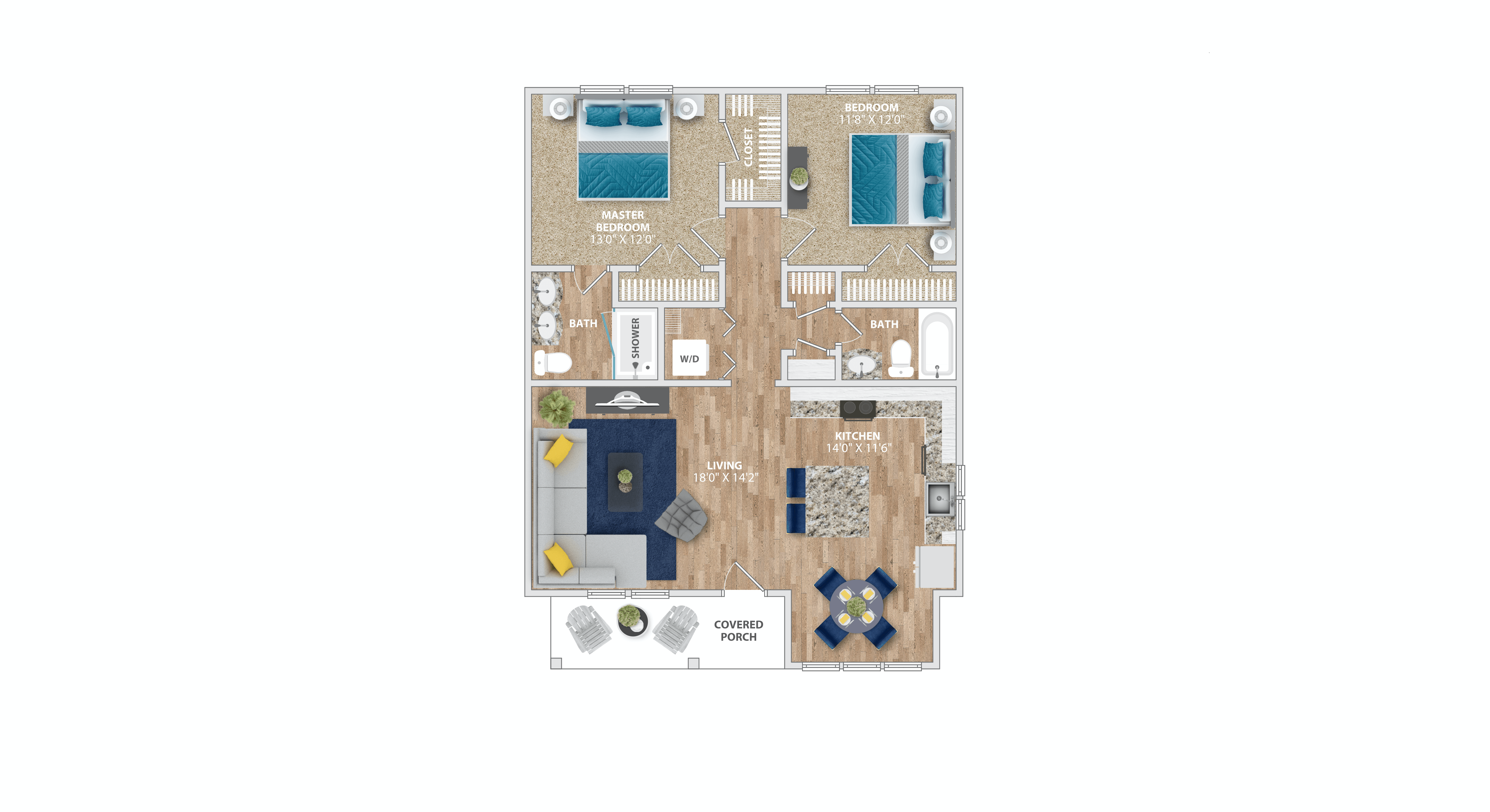 A floor plan of a house with a kitchen, living room, and two bedrooms.