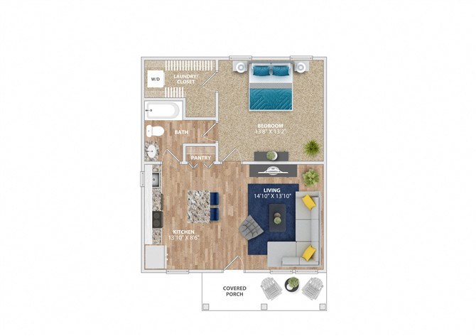 A floor plan of a small apartment with a bedroom, living room, kitchen, and bathroom.