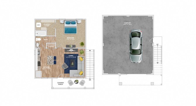 A floor plan of a house with a car parked in the garage.