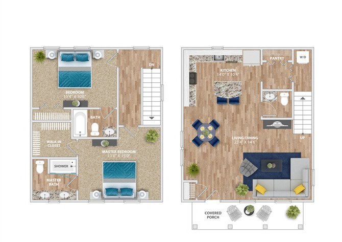 A floor plan of a house with a master bedroom and a covered porch.