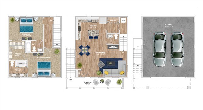 A floor plan of a house with a swimming pool and a parking area for two cars.