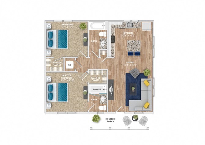 A floor plan of a house with a master bedroom, living room, and kitchen.