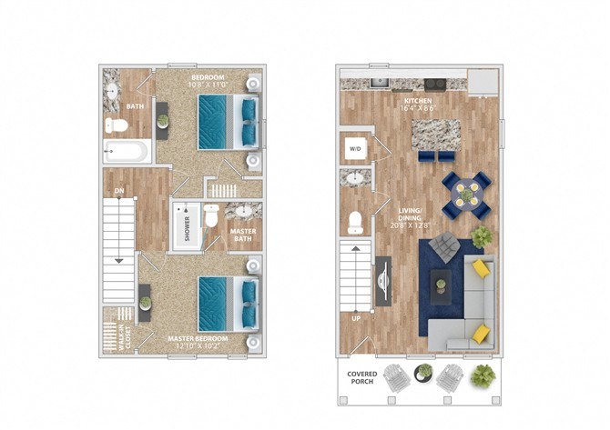 A floor plan of a two-bedroom apartment with a living room, kitchen, and bathroom.
