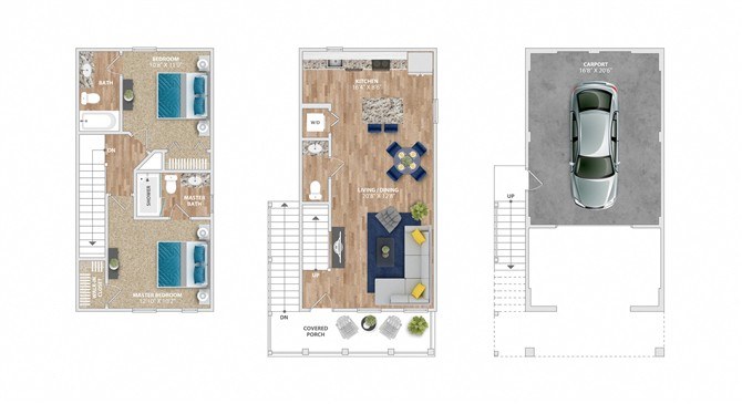Three floor plans for a house with a car parked in the garage.