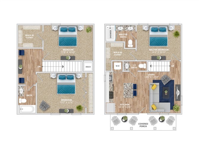 A floor plan of a house with two master bedrooms, two bathrooms, a living room, a kitchen, a dining room, and a covered porch.