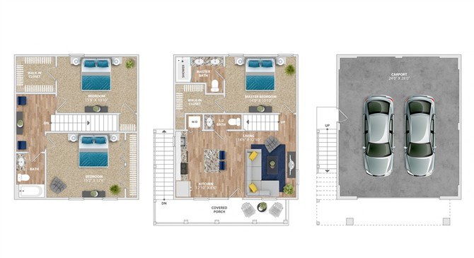 Three images showing a floor plan of a house with a swimming pool, a top view of the house, and a parking area.