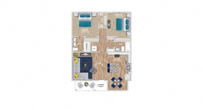 A floor plan of a house with a kitchen, living room, and two bedrooms.