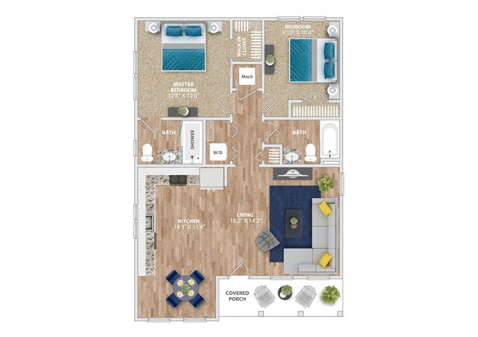 A floor plan of a small apartment with a master bedroom, living room, kitchen, and bathroom.