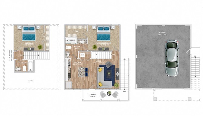 A floor plan of a house with a garage and a car parked in front.