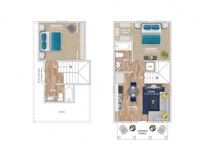 A floor plan of a two-bedroom apartment with a kitchen and bathroom.