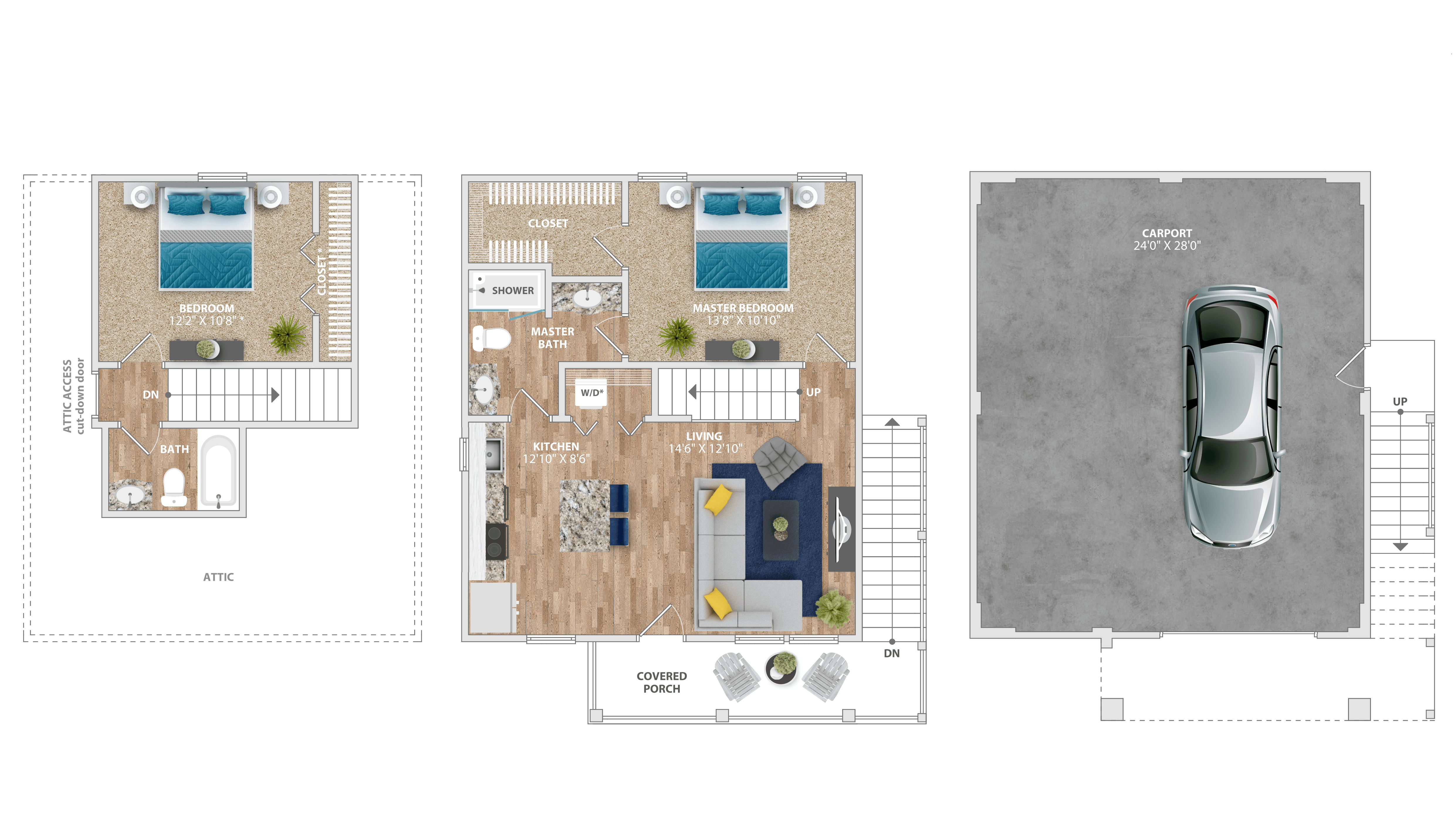 A set of three images showing floor plans of a house with a car parked in the driveway.