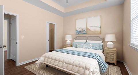 A bedroom with a bed, two lamps, and a painting on the wall.