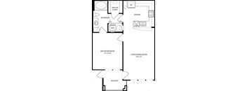 A floor plan of a home with a living room, kitchen, bathroom, and master bedroom.