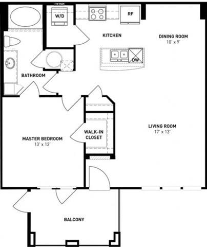 A black and white floor plan of a house with a living room, dining room, kitchen, bathroom, master bedroom, and balcony.