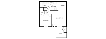 A floor plan of a house with a living room, dining area, kitchen, bedroom, bathroom, and patio.