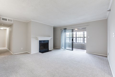 A spacious living room with a fireplace and sliding glass doors.