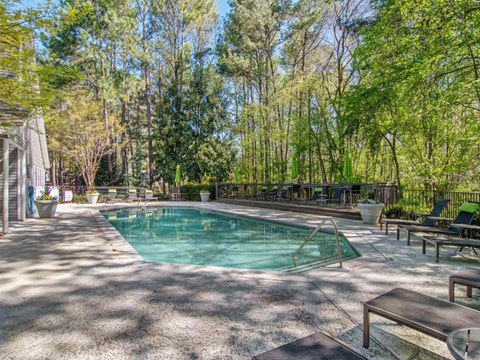 A pool surrounded by trees and a patio with chairs.