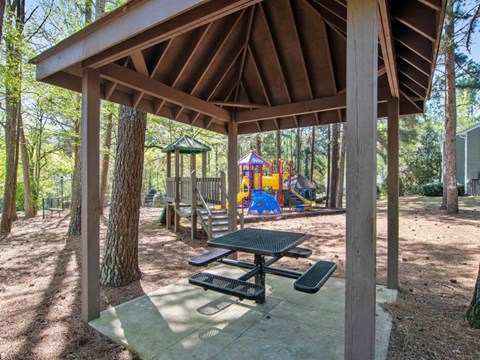 A picnic area with a table and benches under a shelter in a park.