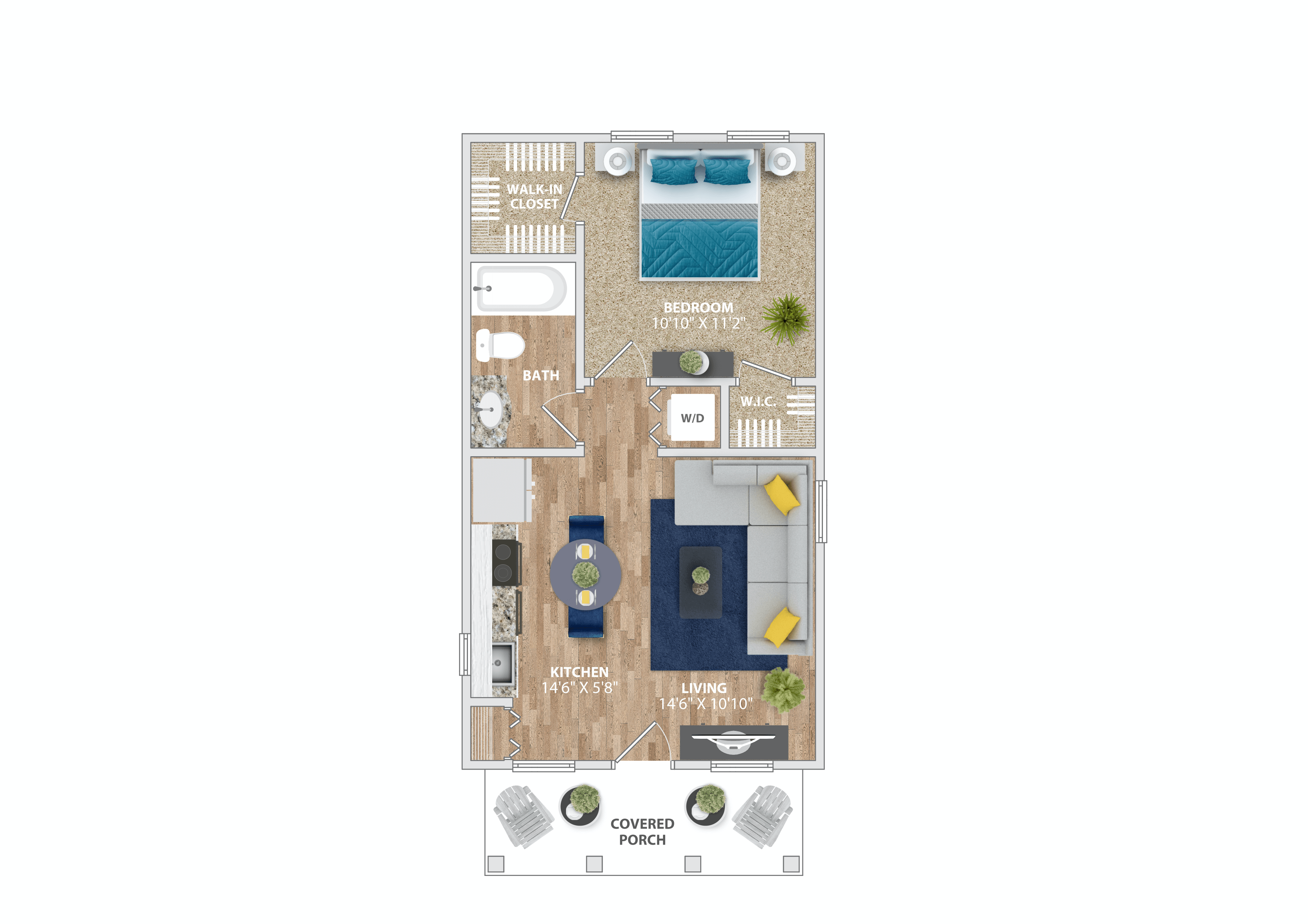 A floor plan of a small apartment with a kitchen, bathroom, and bedroom.