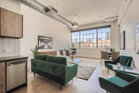 A living room with a green couch and a dishwasher.
