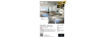 A year end sale advertisement for a property located at 443 San Pedro Street, LA 90013, offering a monthly rent of $1,800.