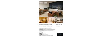 A real estate listing for a furnished apartment at 443 San Pedro Street, LA 90013.