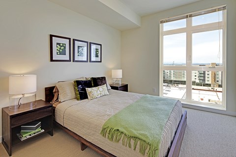 A bedroom with a large bed and a view of the city.