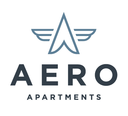 A logo for Aero Apartments featuring a stylized airplane.