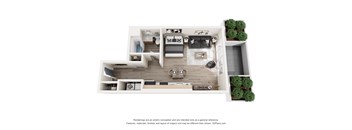A 3D floor plan of a modern apartment with a living room, kitchen, and bedrooms.