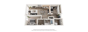 A 3D floor plan of a house with a living room, kitchen, and two bedrooms.