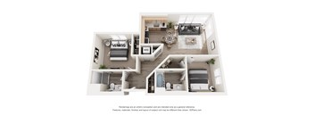 A 3D floor plan of a house with a living room, kitchen, and two bedrooms.