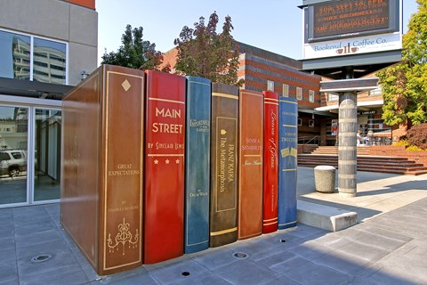 A row of books are lined up outside a building.